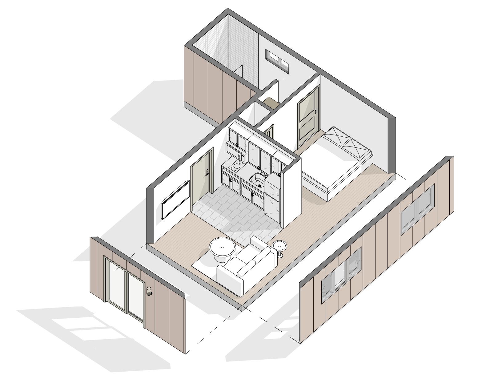 axonometric drawing of a small accessory dwelling unit